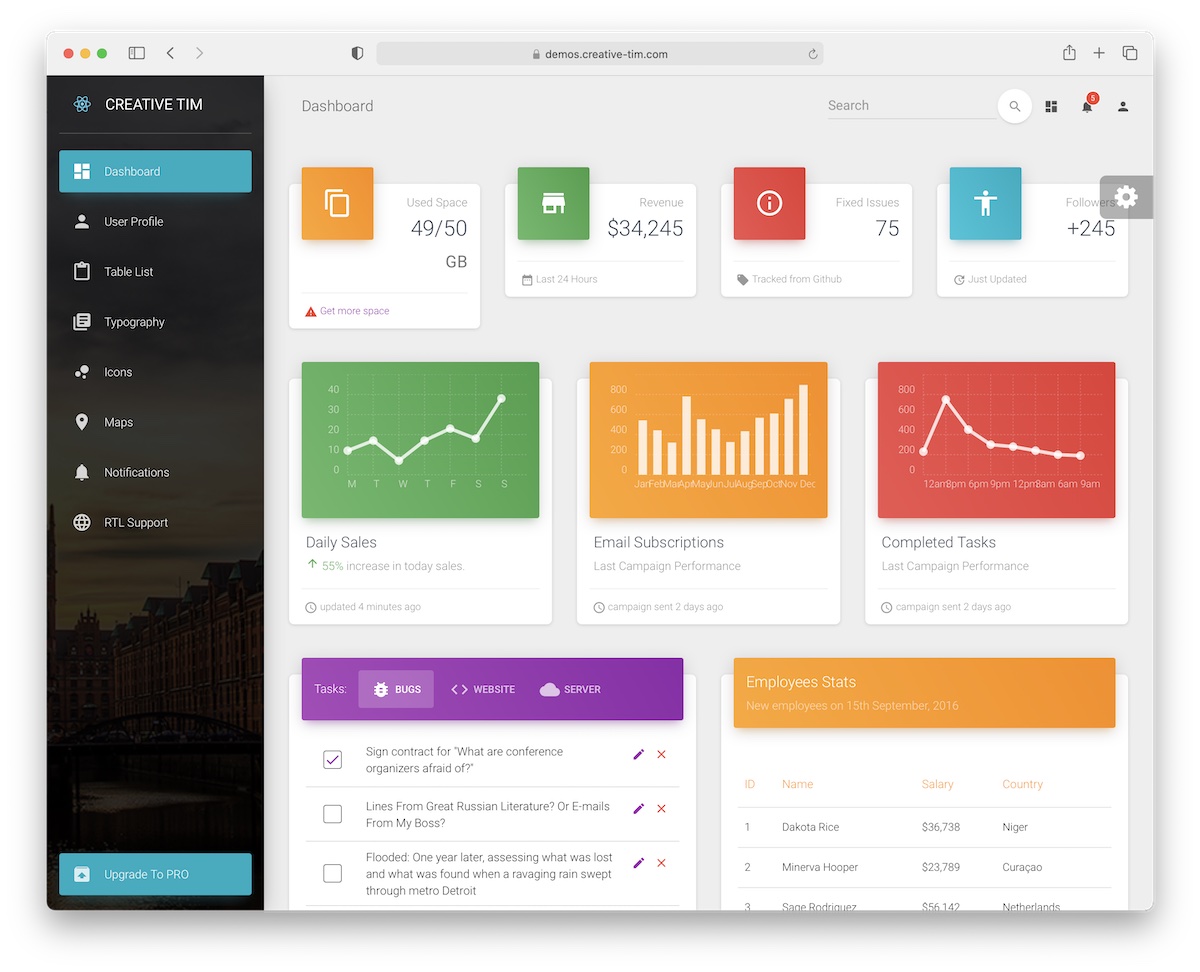 material free react admin template